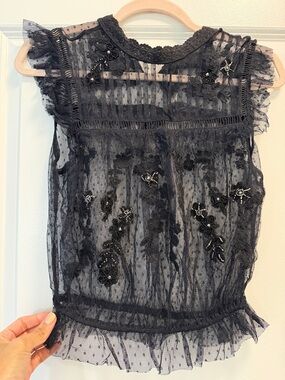 Free People Sheer Black Floral Embellished Lace Top